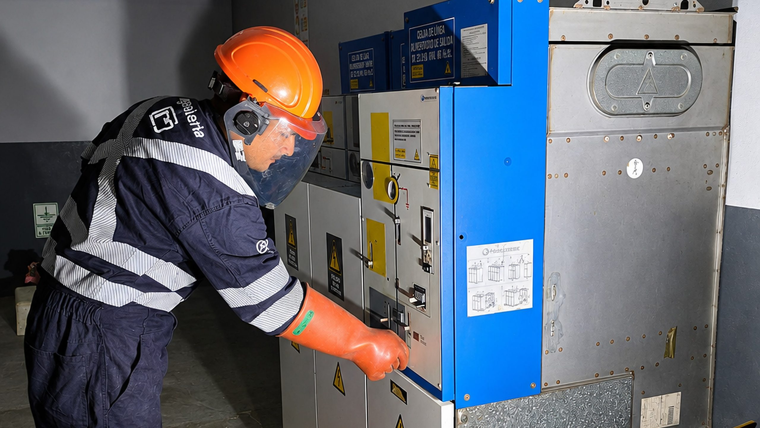 Técnico de Master Job con careta y guantes dieléctricos maniobrando una celda de media tensión en una subestación.